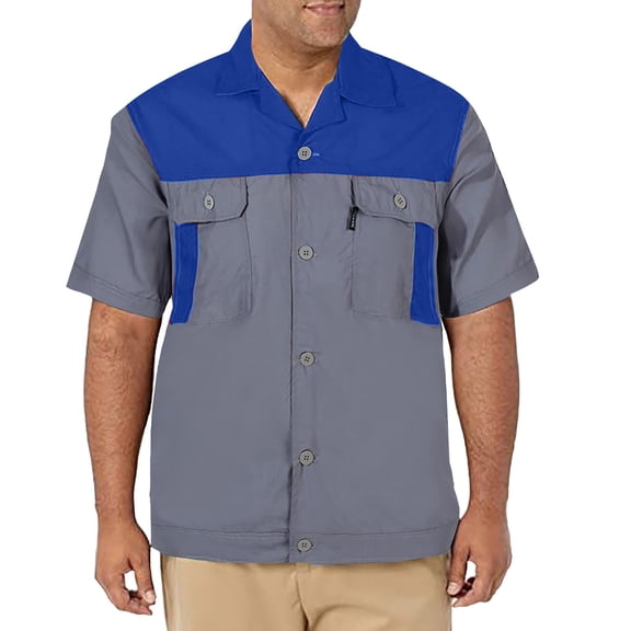 Mens Shirts Short Sleeve Lightweight Color Block Work Mechanic Button Down Shirt Blue L