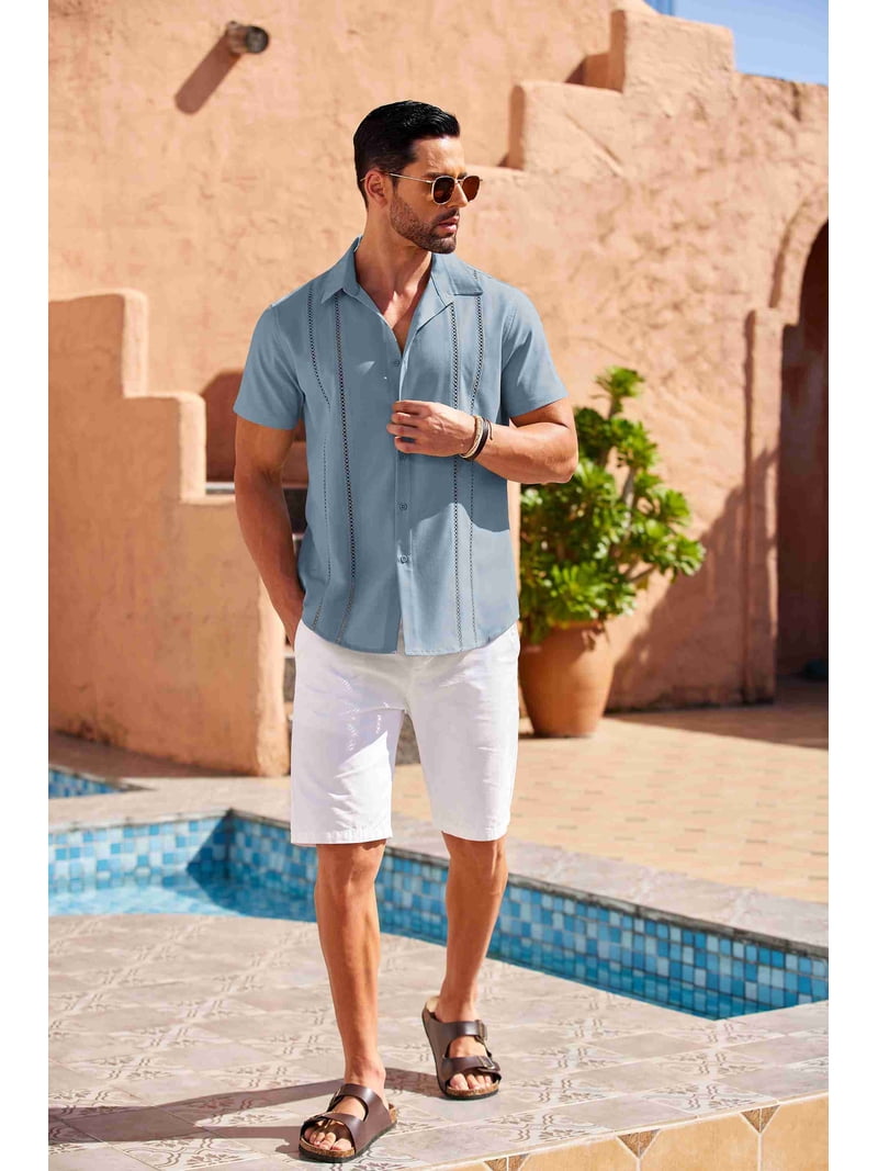 COOFANDY Men's Cuban Guayabera Shirt - Short Sleeve Linen Button-Down For Summer