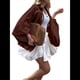 thumbnail image 1 of Chaqueta Acolchada para Mujer, Estilo Urbano, Holgada, Informal, con Mangas Murciélago, Solapa, Plisada y Cremallera. Vino Tinto L, 1 of 7