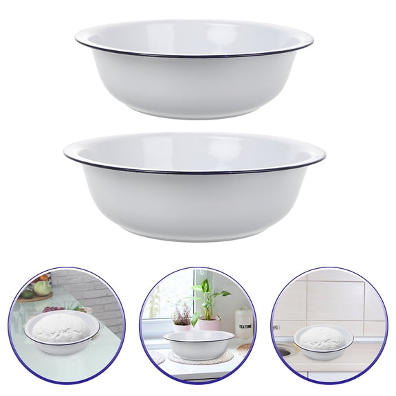 2Pcs Enamel Bowls Large White Enamel Mixing Bowls with Red Rim Vintage Soup Basins for Fruit Salad Pasta Dinner 30 CM 32 CM