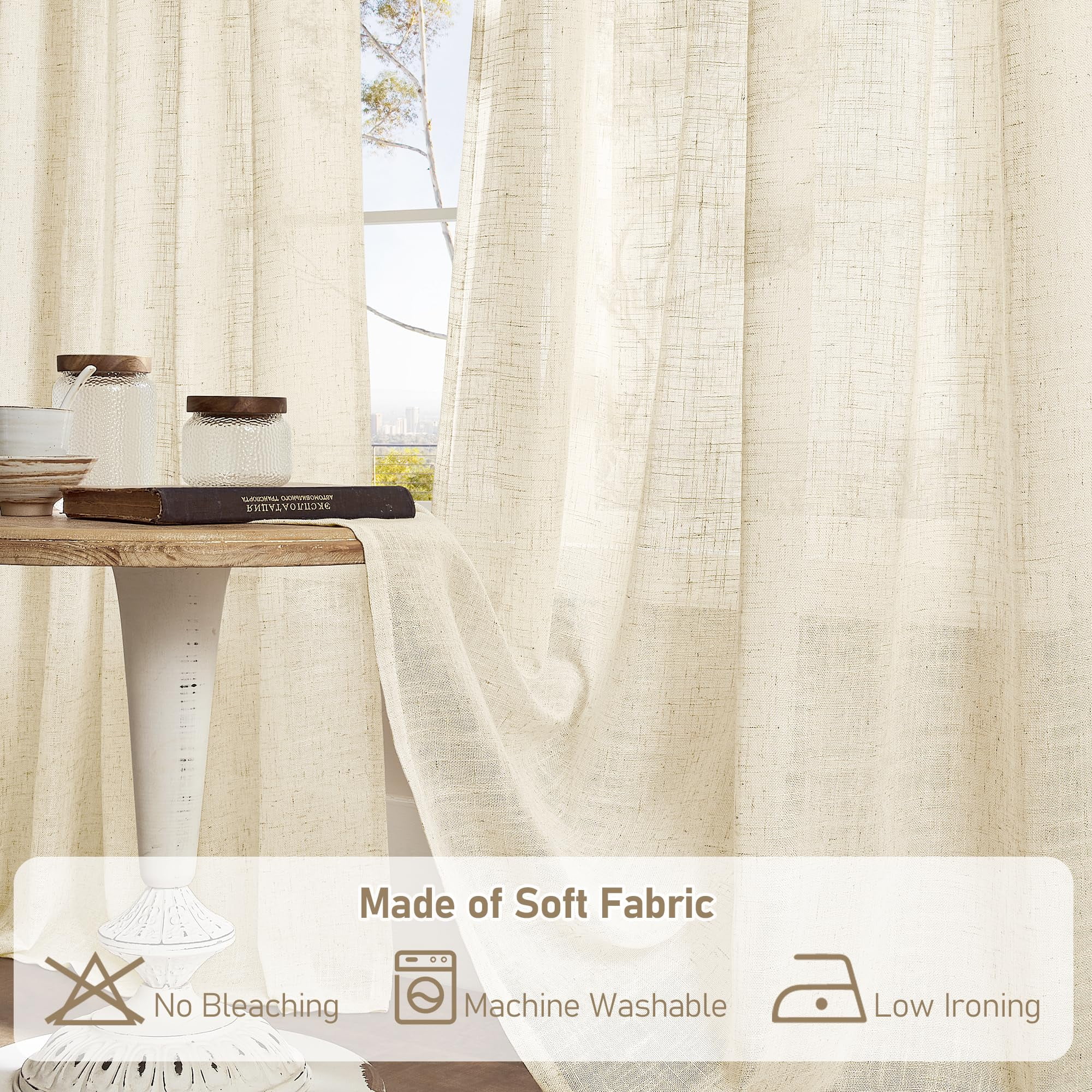 Sheer Linen Curtains 84 Inches Long Light Filtering Boho Window Treatments Semi Sheer Neutral Drapes with Bronze Grommet for Living Room and Bedroom 2 Panels Set