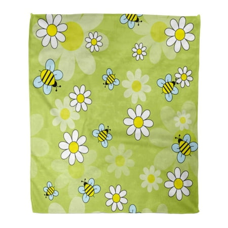 Flannel Daisies - ASHLEIGH Flannel Throw Blanket Yellow Abstract Daisy Flowers Bees on Green Beauty Soft for Bed Sofa and Couch 58x80 Inches