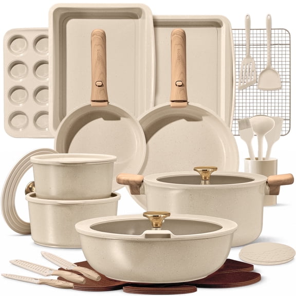 CAROTE 36-Piece Detachable Nonstick Pots and Pans Set, Ceramic Cookware Set with Lids, Induction Compatible, Oatmeal