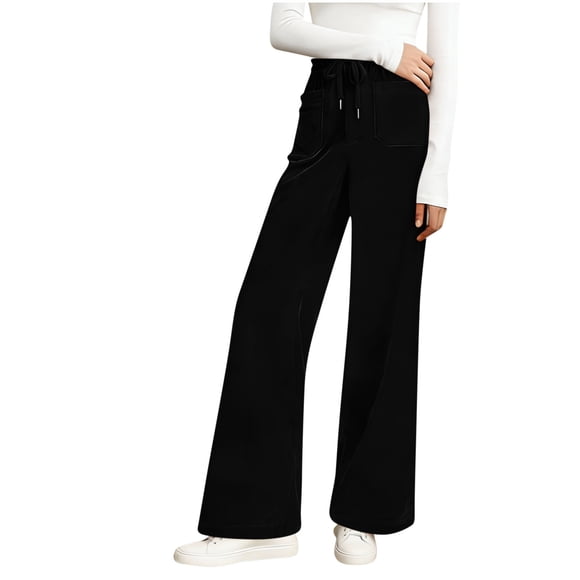 FRSASU Velvet Pants for Women Drawstring Elastic Waist Wide Leg Comfy Stretchy Casual Velour Palazzo Pant with Pockets Black M(M)