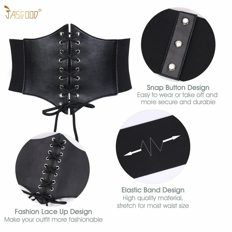 JASGOOD Women Faux Leather Corset Waist Belt Elastic Wide Underbust Corset  Lace-up Steampunk Waspie Belt For Halloween