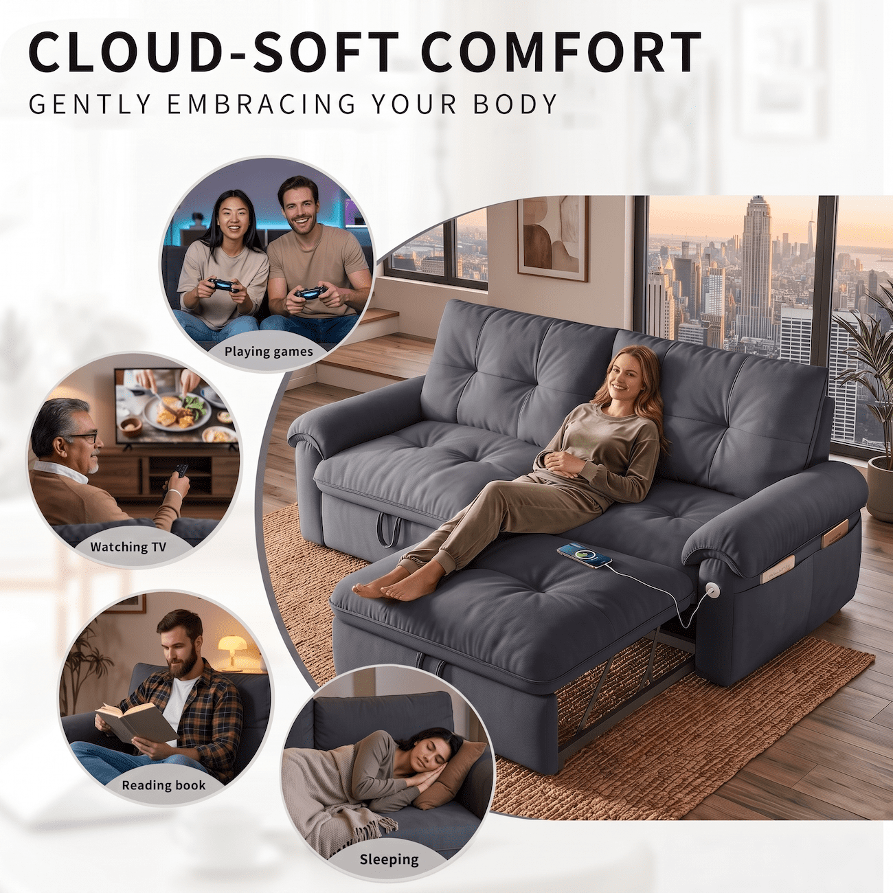 Xiweot Convertible Sleeper Sofa Bed, 77" Queen Size Pull Out Couch with Side Pocket, Adjustable Backrest & USB Ports, Comfy Velvet Loveseat for Living Room Apartment Small Space (Gray)
