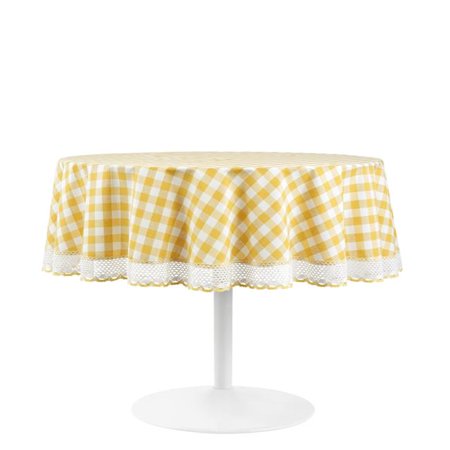 

70 in. Buffalo Check Round Tablecloth with Macram Trim Yellow