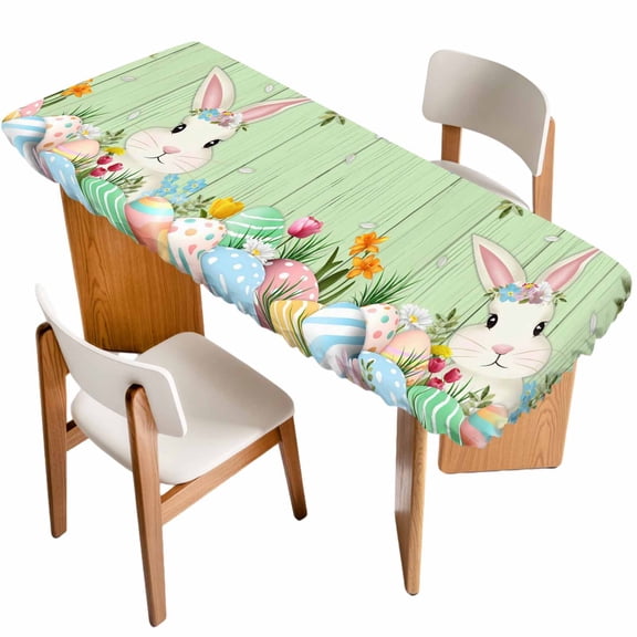 Easter Bunny Table Cloths for 8 Foot Rectangle Tables, Farmhouse Colorful Eggs Tulip Wood Grain Green Patio Waterproof Elastic Fitted Tablecloths, Washable Rectangular Table Cover for Camping