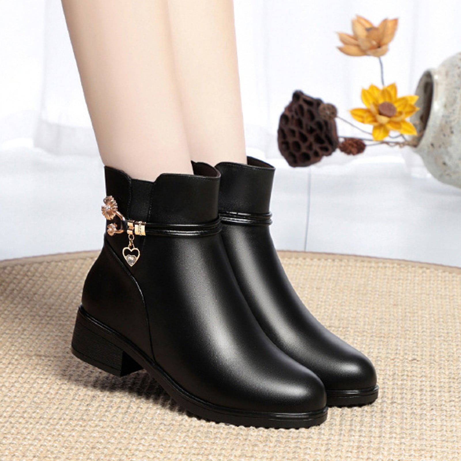 ショートブーツ・ブーティ ANKLE BOOTS WITH SHAPED TOE Aloohaidyvio Womens Ankle Boots Round Toe Zipper Stacked