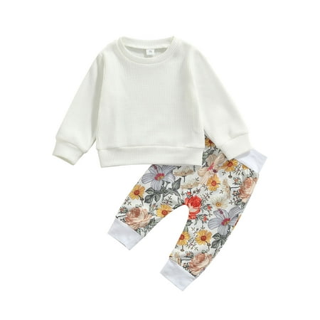 

Sunisery Toddler Infant Baby Girl Fall Winter Outfits Long Sleeve Waffle Knitted Tops Floral Pants Set White 18-24 Months
