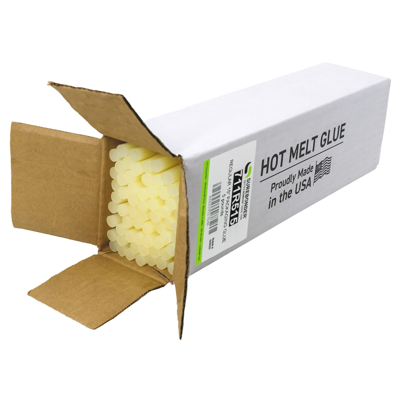 711R515 Fast Set Packaging Hot Melt Glue Sticks - 7/16" x 15" | 5 lb Box