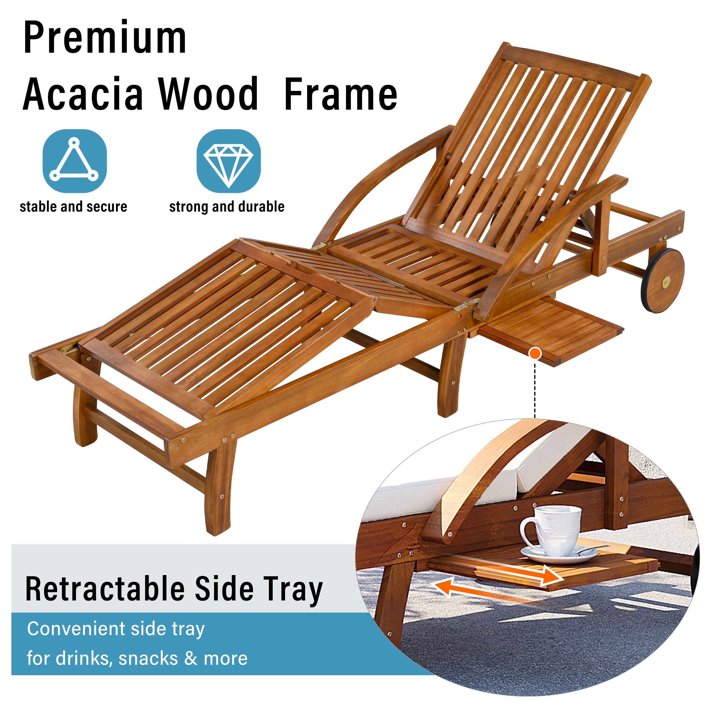 Mintazer 77.5" Adjustable Outdoor Chaise Lounge with Cushion & Headrest, Wheeled Pool Lounge Chair with Retractable Side Tray, Natural & Beige