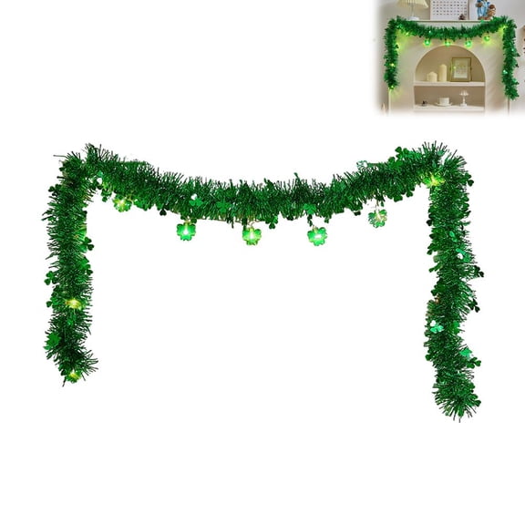 6.56FT St.Patrick's Day Tinsel Garland with Lights Prelit Shamrock Hanging Garland Clover for Saint Patty's Day Irish Party Home Decoration