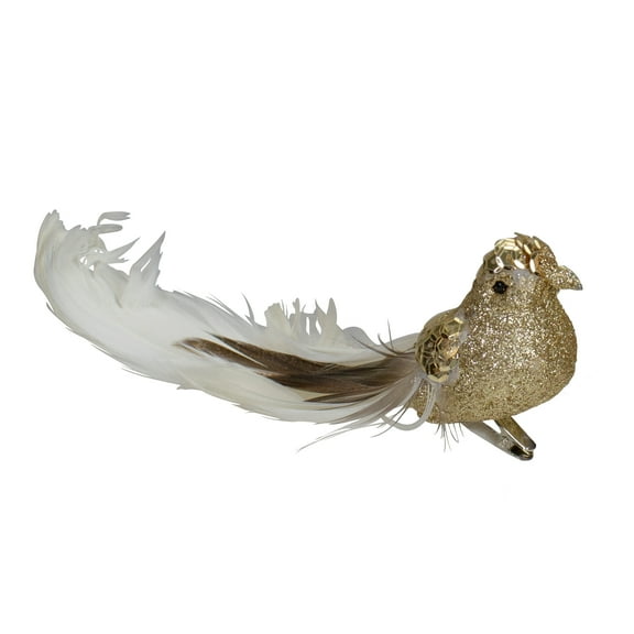 Northlight Sequins and Glitter Bird with Tail Clip On Christmas Ornament - 6" - Gold and White