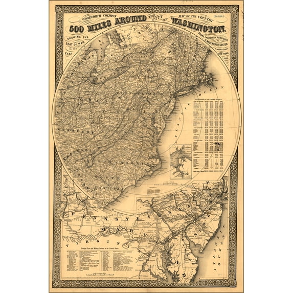 24"x36" Gallery Poster, civil war map 500 miles around Washington DC 1861