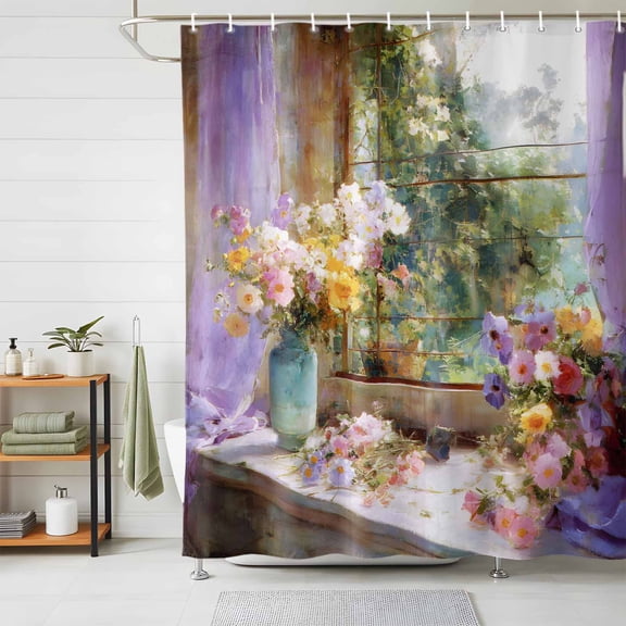 Shower Curtain Oil Painting Floral Shower Curtains for Bathroom Decor, Waterproof Polyester Shower Curtain Set with Hooks, Extra Long 72" x 78" Spring Flower