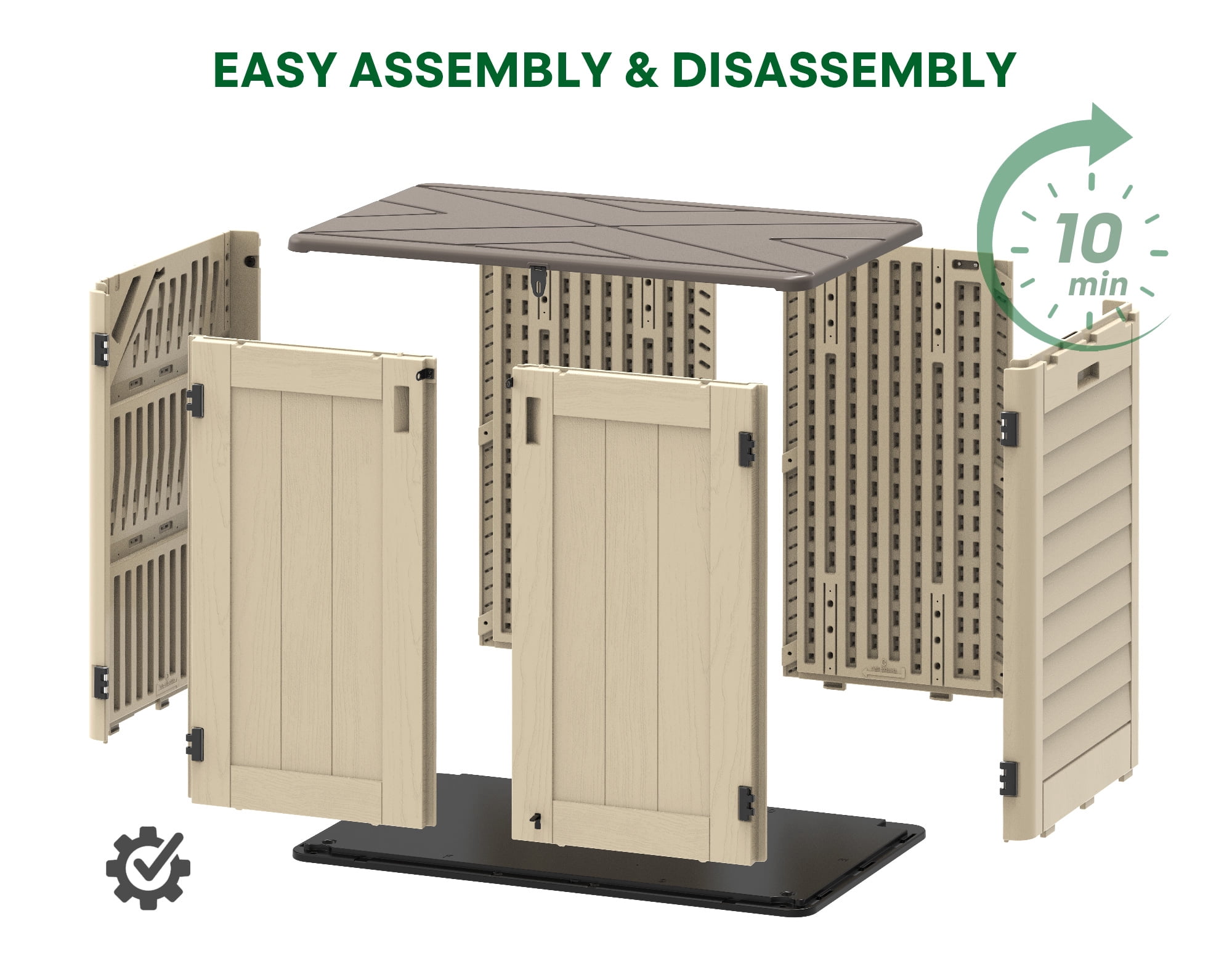 EVOKEDEN 30 Cu.Ft Outdoor Storage Shed, Multi-Purpose Weather-Resistant Utility Shed for Garbage Cans w/ Pad-Lockable Doors Khaki