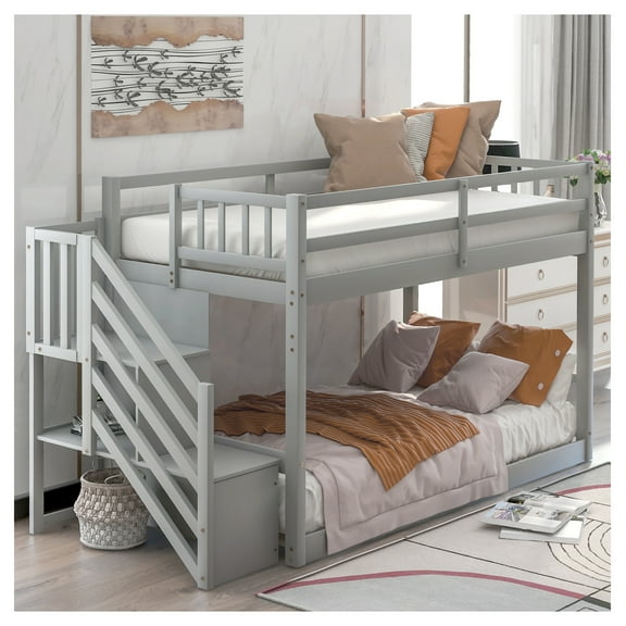 Twin over Twin Floor Bunk Bed with Ladder & Storage, Gray
