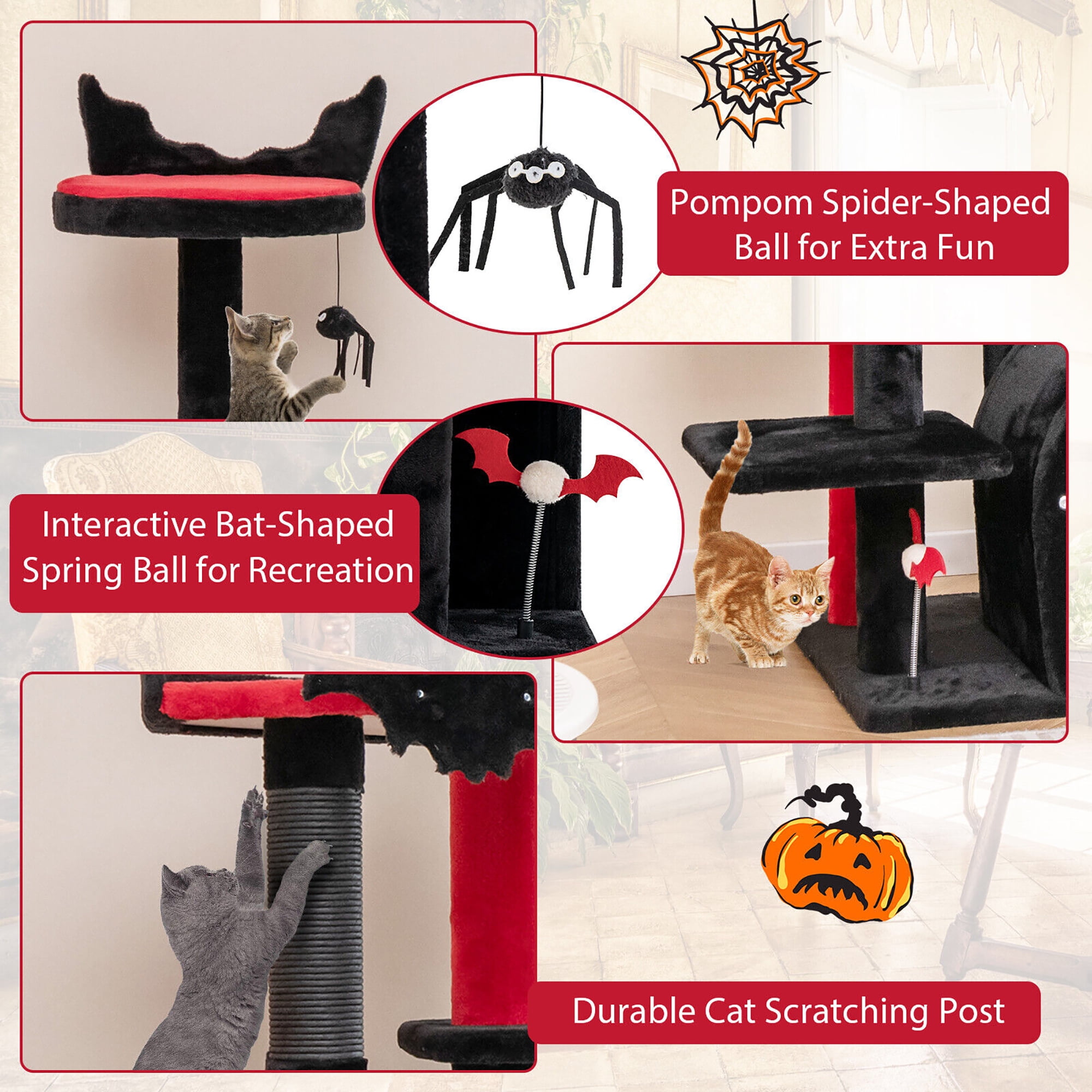 Gymax 6-Tier Gothic Cat Tree 53'' Tall Cat Tower w/ Cat Bed Arch-Shaped Condo Pompom
