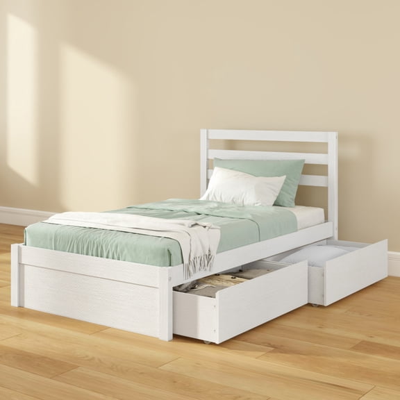 Bear Twin Single Bed w/ Underbed Storage Drawers, Brushed White