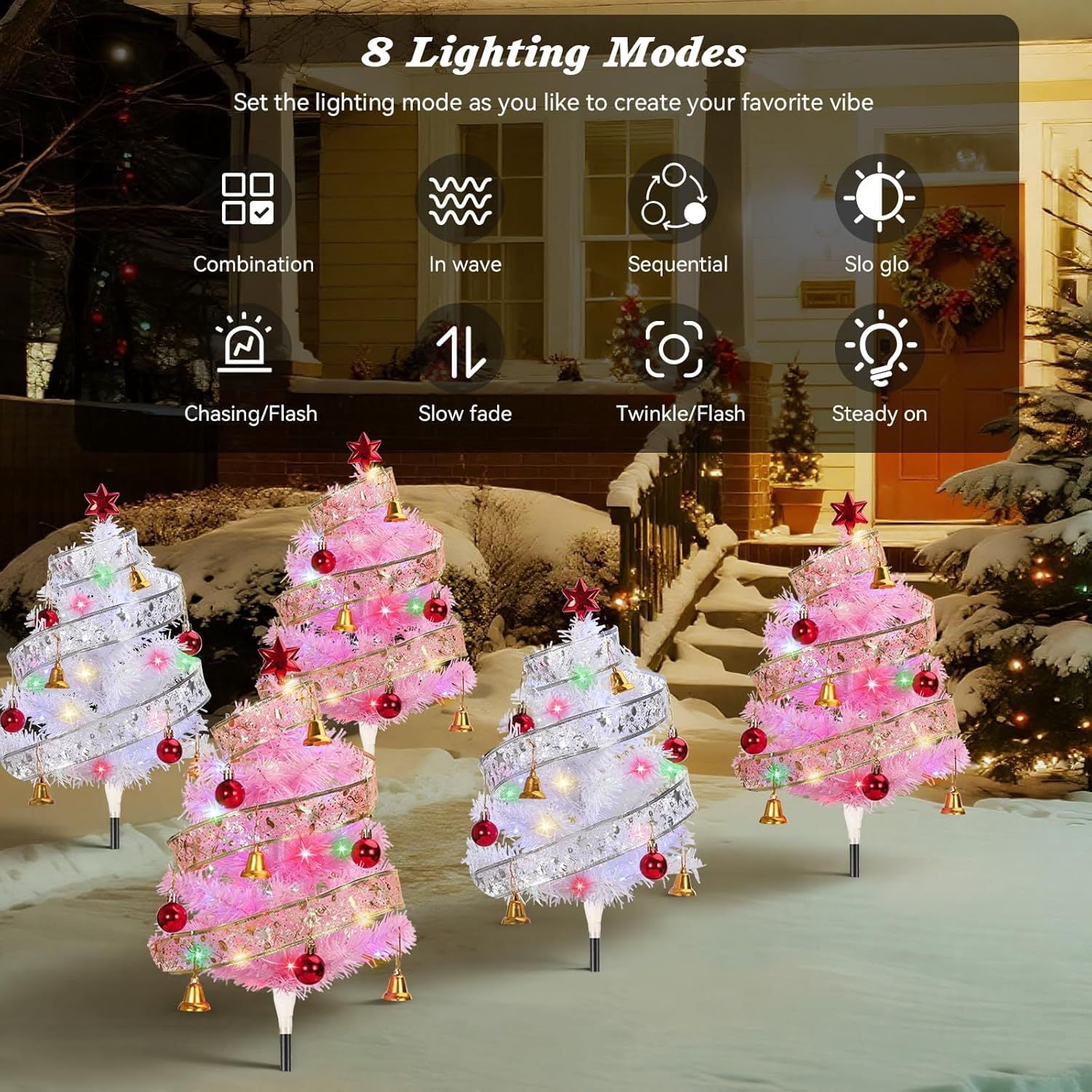 Set of 4 Prelit Pathway Christmas Trees, 33.86" Outdoor Xmas Tree with Twining Ribbons, Red Balls and Bells, Solar and Type-C Powered Xmas Decor for Yard Home Porch