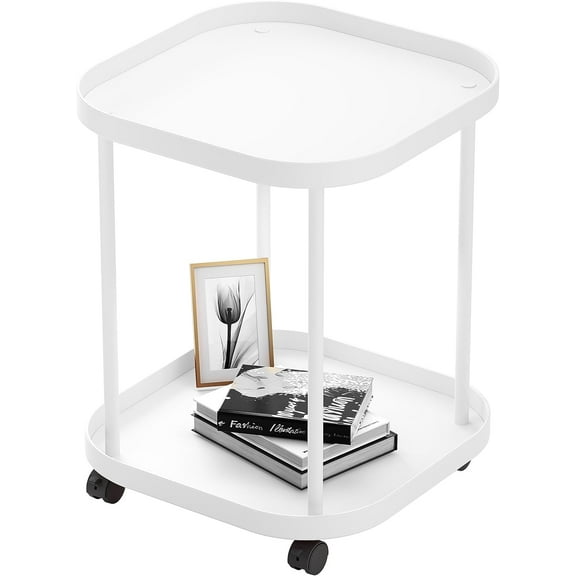 Side Table with Wheels, End Table Living Room Plastic Mobile Sofa Side Table Small Night Stand Bedroom Matte White