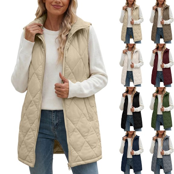 FAIWAD Women's Long Puffer Vest Quilted Sleeveless Zip Up Jacket Lightweight Stand Collar Casual Fall Winter Layering Outerwear