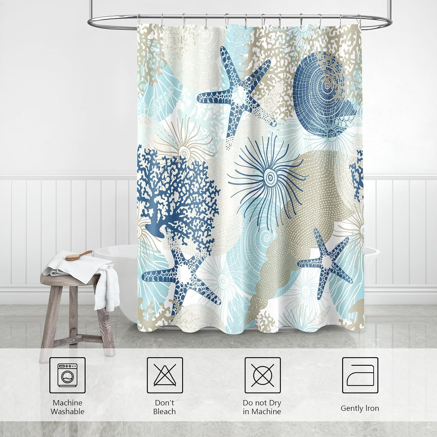 Beach Ocean Themed Shower Curtain, Cute Nautical Coastal Shower Curtain for Bathroom Decor, Summer Tropical Seashell Starfish Coral Fabric Shower Curtain Set with Hooks, Teal Blue, 72x72