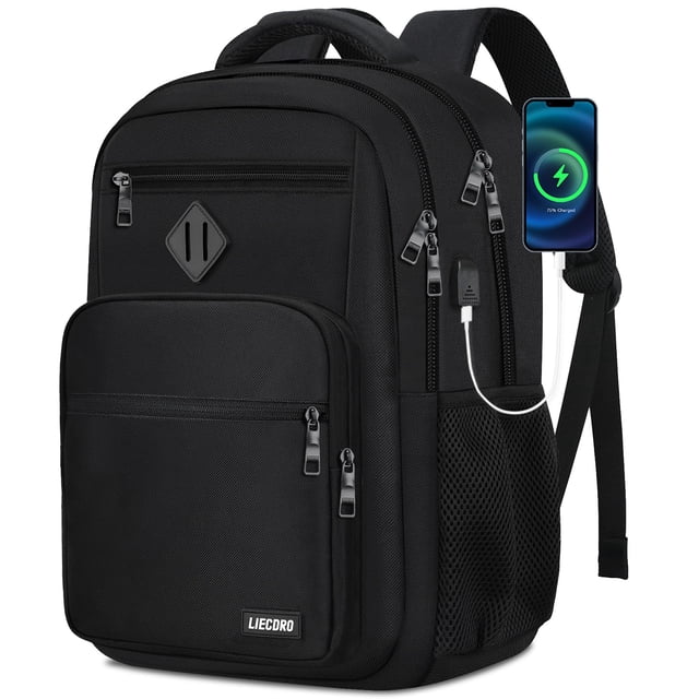 Mochila LIECDRO negra para hombre con puerto de carga USB de 15.6 pulgadas