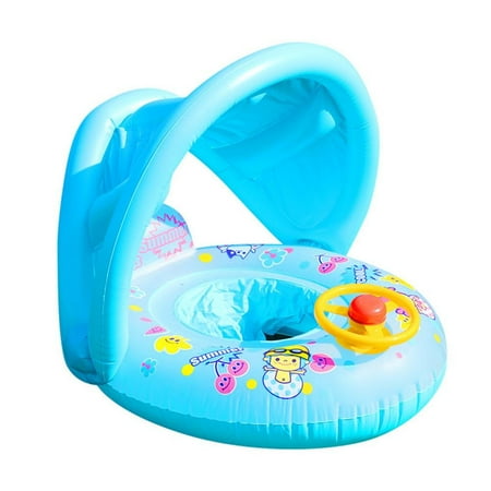 Baby Swimming Ring Inflatable Sunscreen Baby Swim Ring Inflatable Baby Swimming Aid Float Children's Swimming Ring with Steering Wheel and Awning