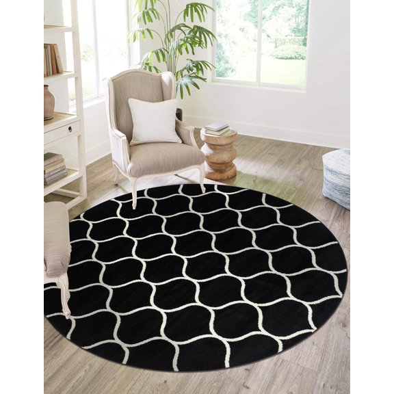 Unique Loom Trellis Frieze Collection Area Rug - Rounded (7' 10" Round Black/Ivory)