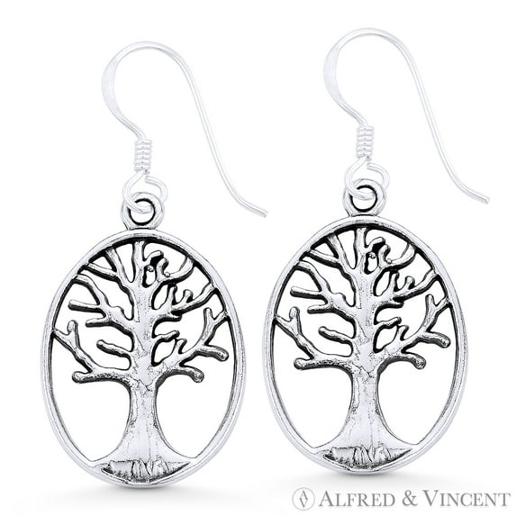 Tree-of-Life Religious Charm Dangling Hook Earrings in Oxidized .925 Sterling Silver