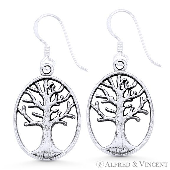 Tree-of-Life Religious Charm Dangling Hook Earrings in Oxidized .925 Sterling Silver