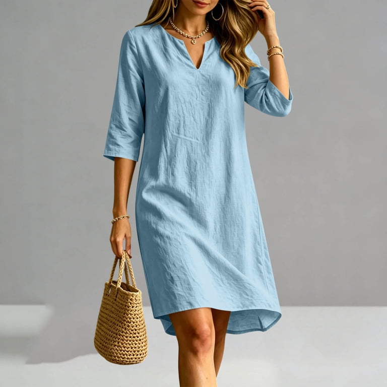 cotton shift dresses knee length Jggspwm Cotton Linen Dresses for Women Fashion Lightweight 3/4 Sleeve Shift Dress Knee Length V Neck Summer Casual Beach Dress Blue L, Women's, Size: