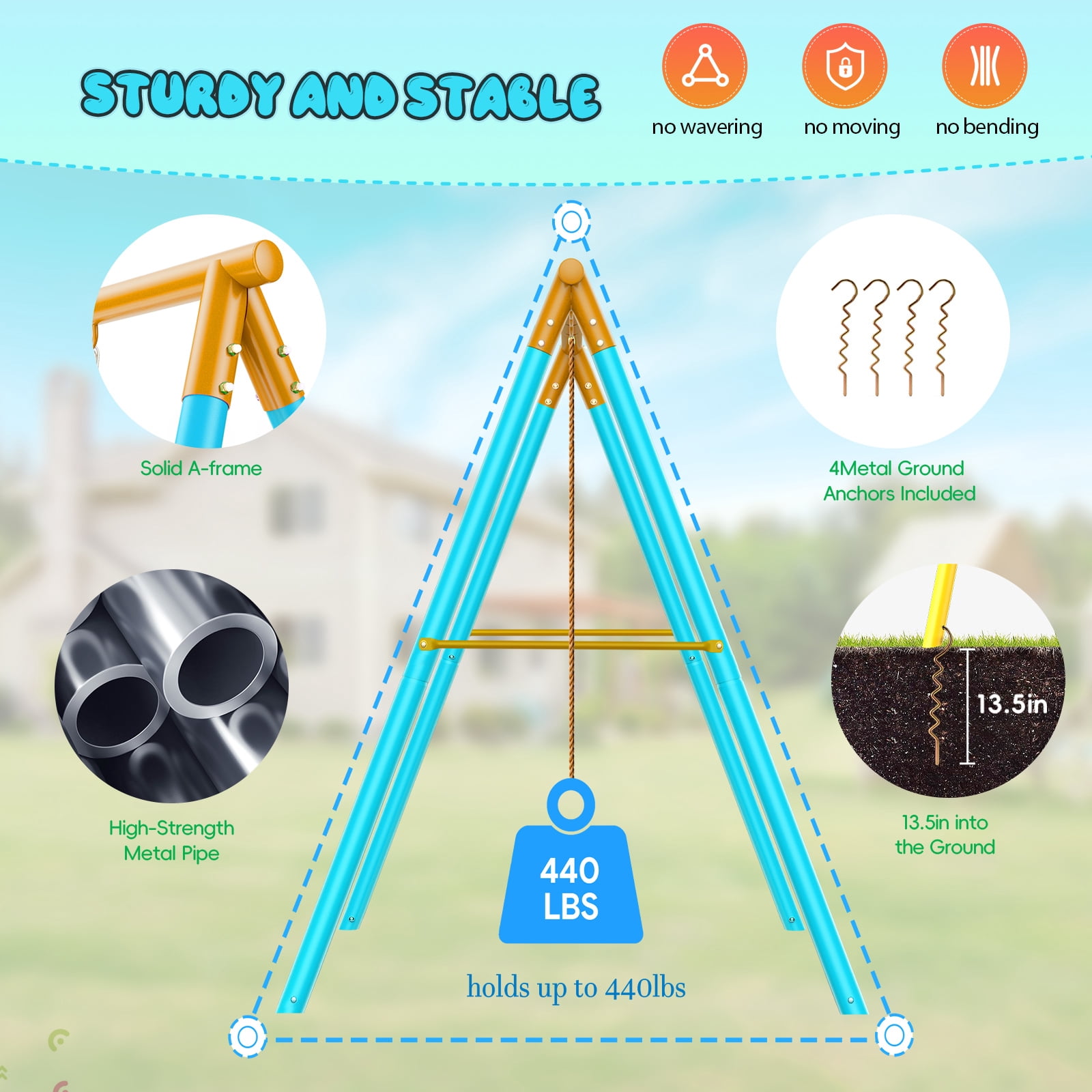 Swing Sets for Outdoor, 6 in 1 Heavy-Duty Metal Swing Sets, Kids Swing Sets for Backyard with 2 Swings,Trapeze Bar and Basketball Hoop for Aged 3-12