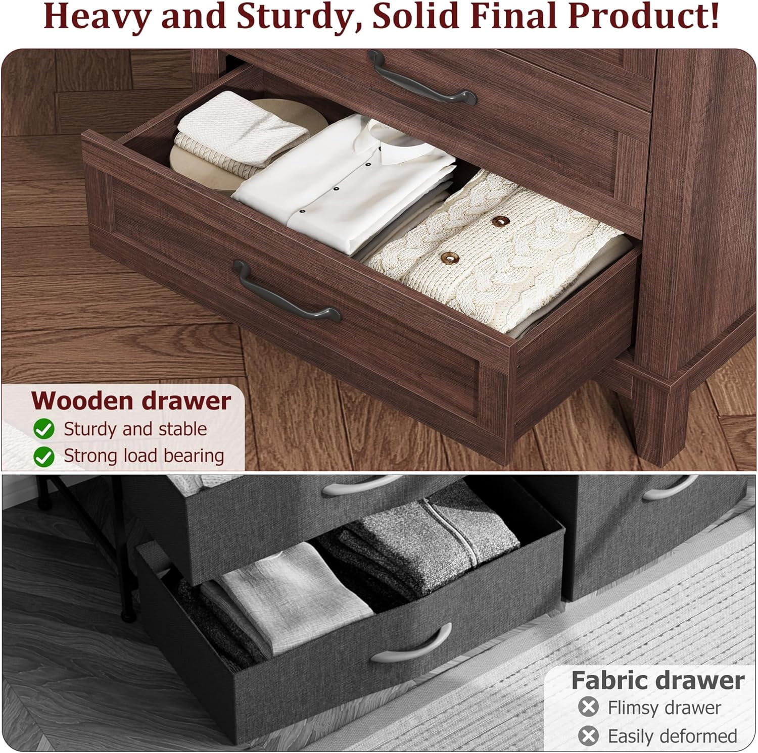 QinaQin 5 Dresser for Bedroom,Vertical Drawer Dresser with Large Storage,Freestanding Wooden Closet Chest for Bedroom,Living Room,Brown