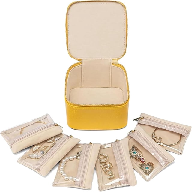 Cajas de cuero para joyas para viajes con bolsas de terciopelo y cremallera para mujeres, estuche de viaje para joyas, estuche organizador de cuero portátil para joyas, estuche organizador de viaje pa