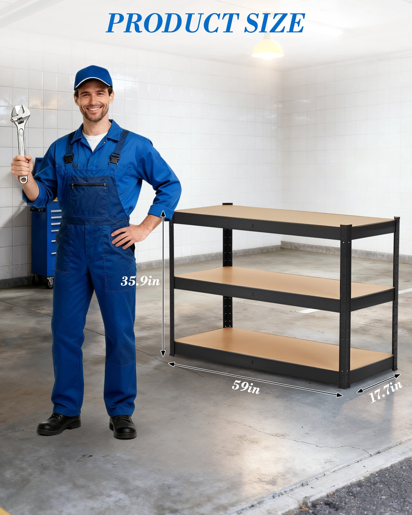 3-Tier Adjustable Storage Shelves 60" x 18" x 36", Heavy Duty Metal Garage Shelving Unit with 1500 lb Capacity, Rust-Resistant Utility Rack for Warehouse, Pantry, Laundry Room, Basement
