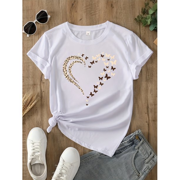 Women'S Casual Cotton T-Shirt with Heart Pattern, Crew Neck, Short Sleeve, Regular Fit, Knit Fabric - Spring/Summer/Fall Collection