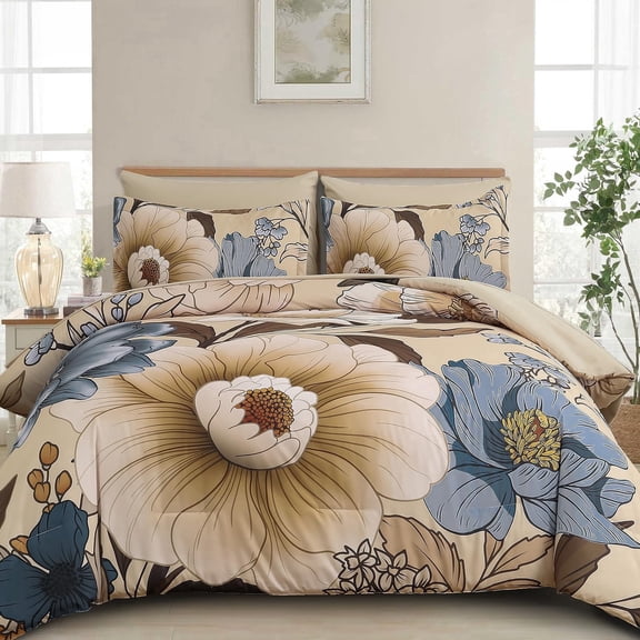 Dintszyayue Floral 7 Pcs Comforter Set Queen Bed in a Bag Khaki Flower Bedding Lightweight Boho Bed Set with Sheet Pillowcases&Shams Adult(90"x90")
