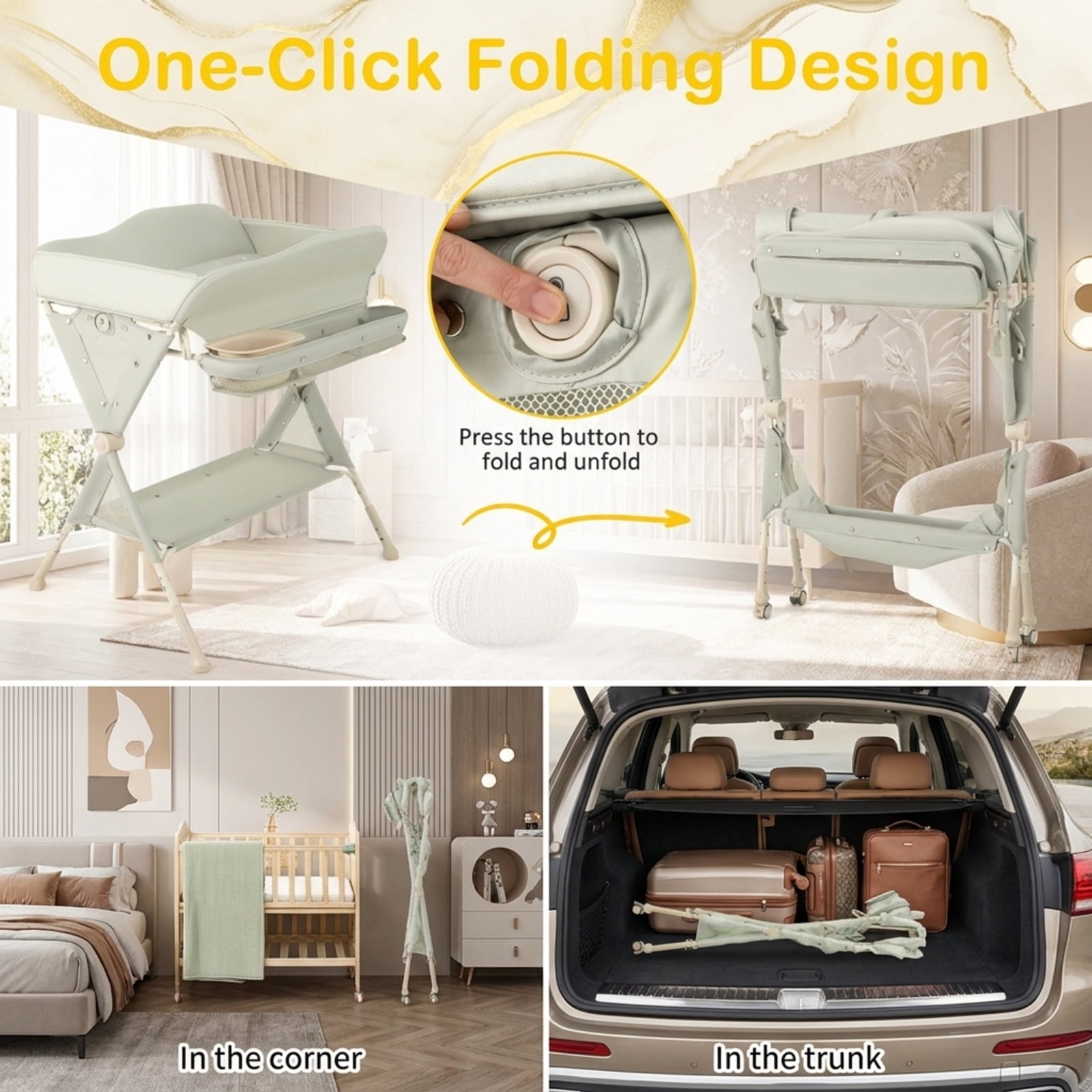 Furnibear Portable Changing Table with Water Basin 3 Adjustable Heights Foldable Metal Frame 4 Lockable Casters and Multi Tier Storage, Green