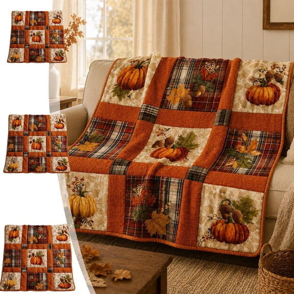Fall Pumpkin Maple Plaid Flannel Quilted Throw Blanket, 60*80in, Soft Warm Seasonal Textile, Comfortable Decorative Cover for Sofa Couch Bed Autumn Home Living Room Decoration