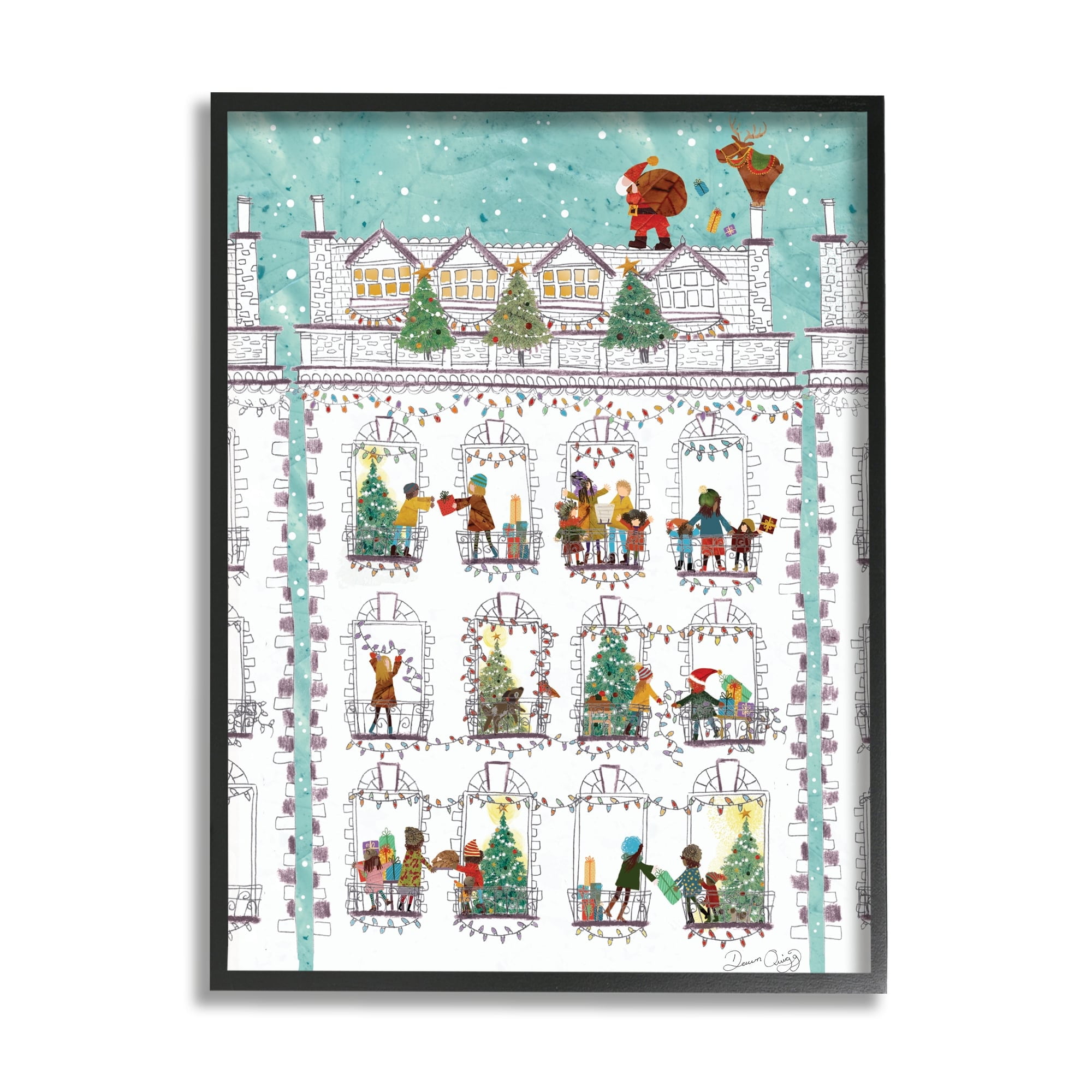 Stupell Industries Santa Claus Gifts City Rooftop Holiday Painting Gray Framed Art Print Wall Art