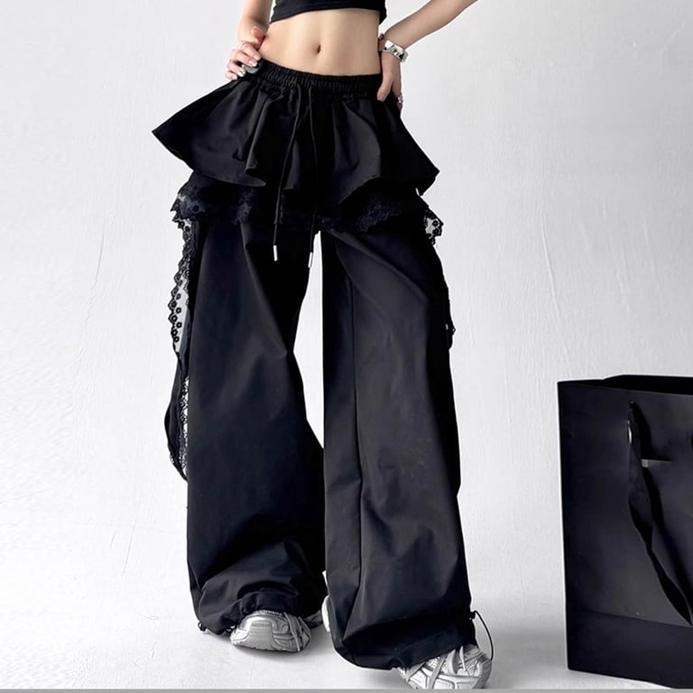 Htigea Parachute Pants for Women Y2k Lace Trim Elastic Waist Wide