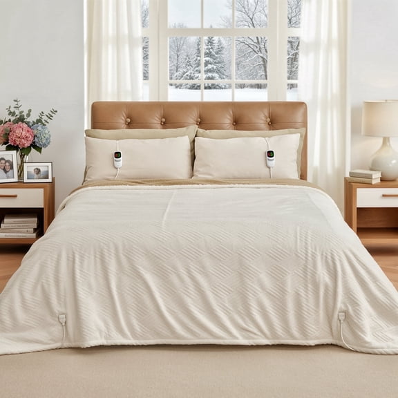 MARNUR Heated Blanket King Size 90"x100", Jacquard Faux Fur & Sherpa Electric Blanket with Dual Controllers,10 Heat Levels & 10H Timer, Machine Washable, White