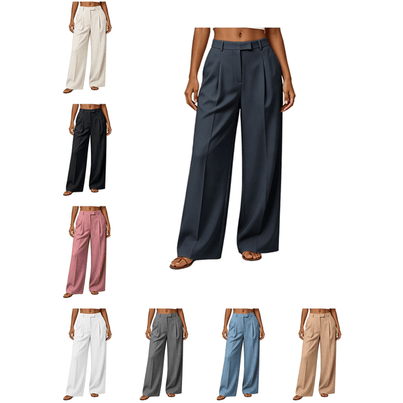Busydd Dress Pants for Women Trendy High Waisted Pleated Work Trousers Business Casual Solid Color Slacks with Pockets S
