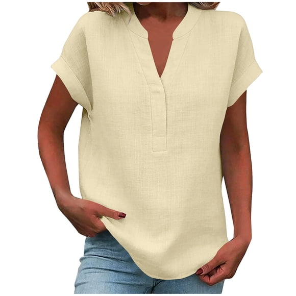 Ziynglg T-Shirts pour Femmes à Manches Courtes, Col en V à Encoche, Chemises Amples, Mode d'Été, Travail, Hauts Décontractés, Chemises de Couleur Unie