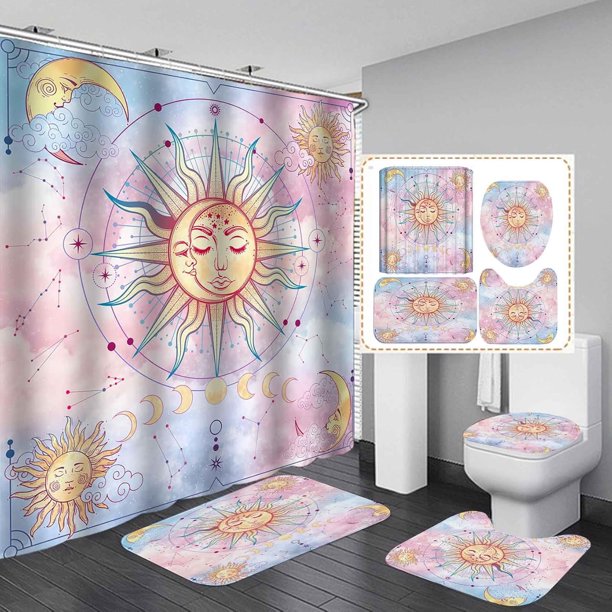 Juego de 4 cortinas de ducha con diseño de polilla verde, mariposa, fase lunar, planta, botánica, floral, seta, decoración celestial para baño, cortina de ducha de tela negra impermeable, alfombrilla