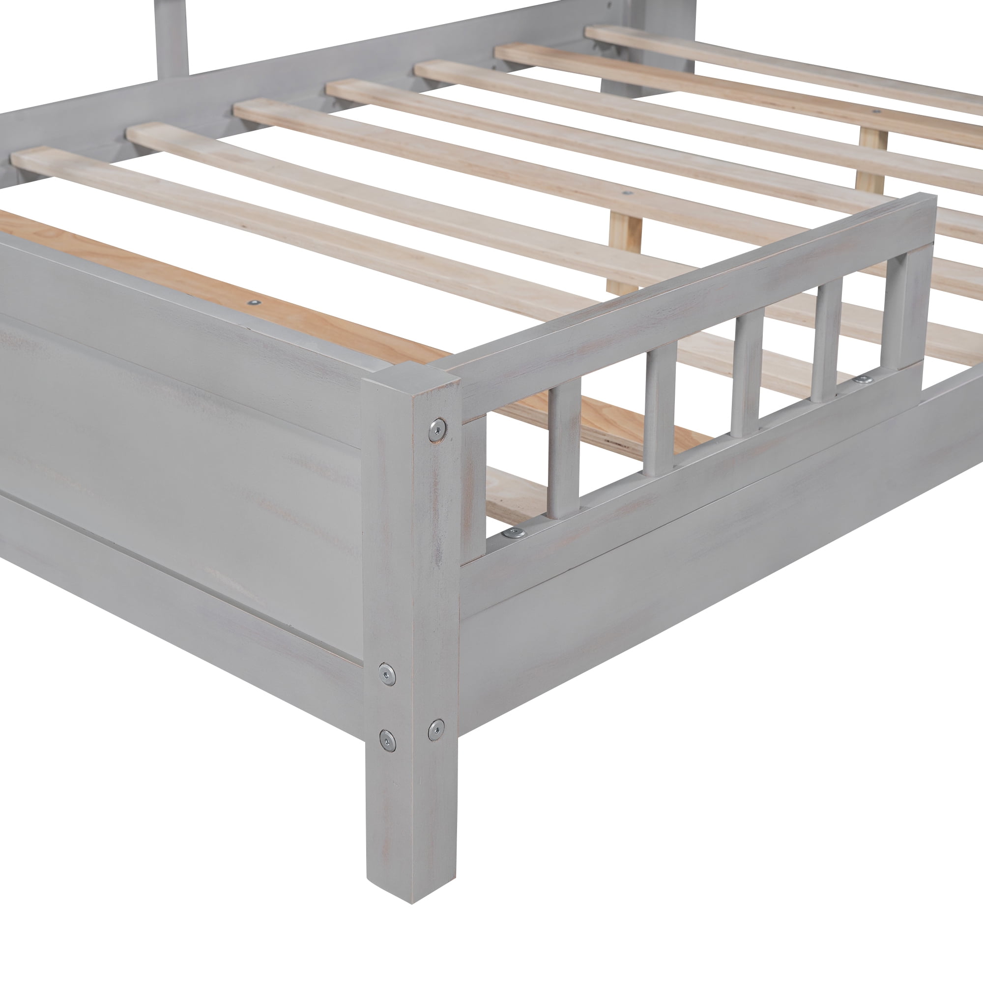 Alvantor Full Size Platform Bed with LED Light, Wood Storage Headboard and Guardrail, Antique Grey