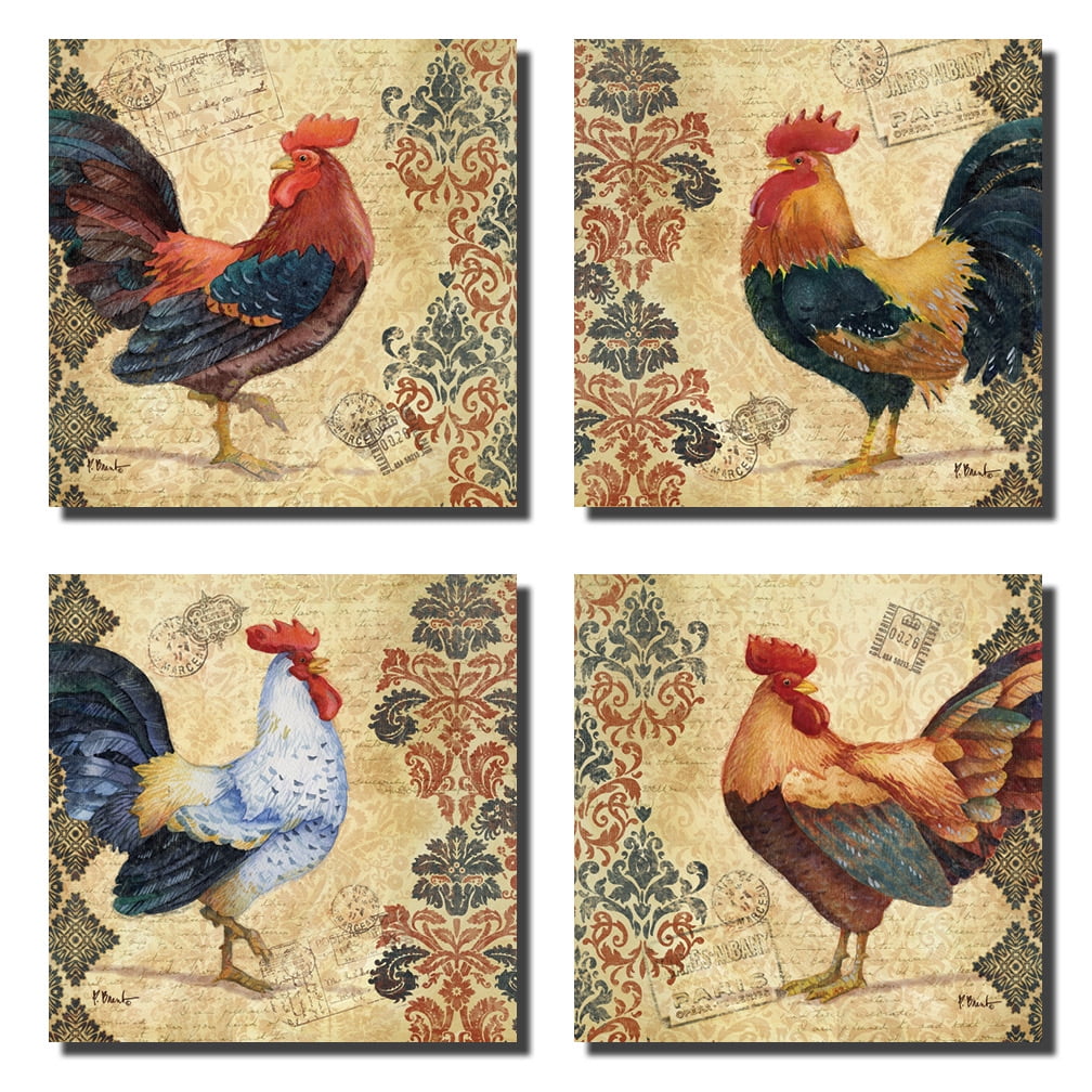 Classic Rustic Roosters on a Decorative Backdrop; Four 12x12 Poster